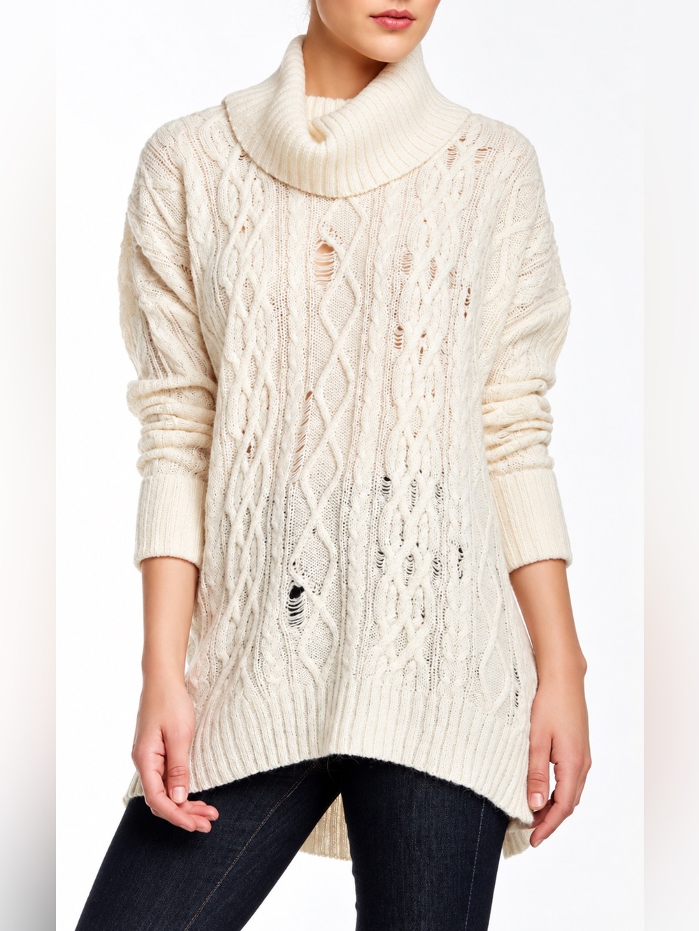 Free People Wool Alpaca Oversized Cable Knit Distressed Turtleneck Sweater M